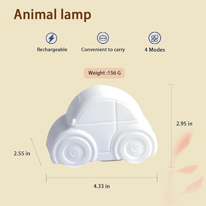 Car Night Light for Kids, Tap Control, Color Change, 15/30/60 Min Timer, Dimmble, USB-C Rechargeable Squishy Night Light, Cute Night Lamp for Boys, Girls (car)
