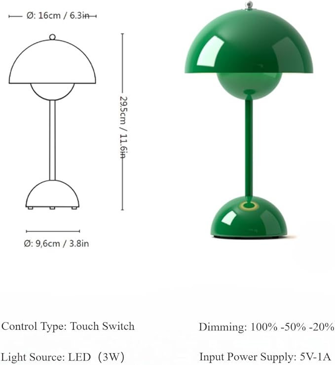 Flowerpot Lamp Modern Flower Bud 12" Cordless Touch Dimmable 2600mAh Rechargeable Desk Lamps Nordic Minimalist Mushroom Lamps Retro Nightstand Bedside Lamp for Bedroom Living Room(Signal Green)