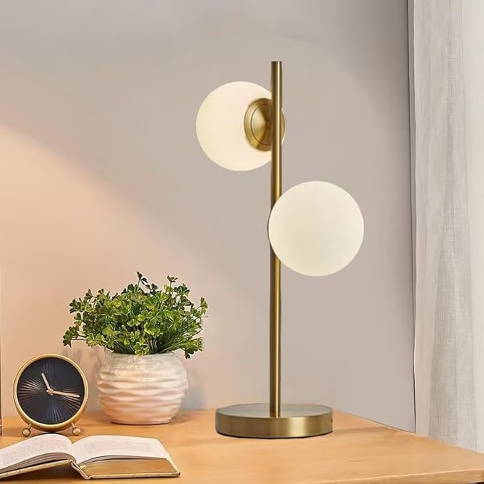 Mid-Century Modern Globe Table Lamp with 2 LED Bulbs - Gold Nightstand Light for Bedroom, Contemporary Decor Lamp for Living Room & Office
