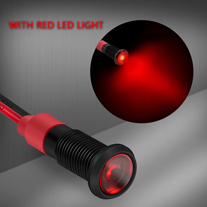 DaierTek 1/4" 12 Volt LED Indicator Light 6mm 12V Red Pilot Lamp IP67 Waterproof Aluminum Metal Material Marine Black Bezel with Wire Leads-10pcs