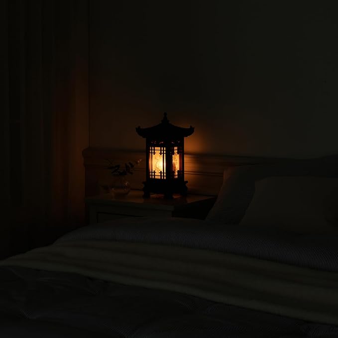 Traditional Korean Wood Lamp | Handmade Asian Oriental Table Lantern | Bedside Bedroom Accent Light | Unique Gift Idea | Pagoda Design (Brown) (House L)