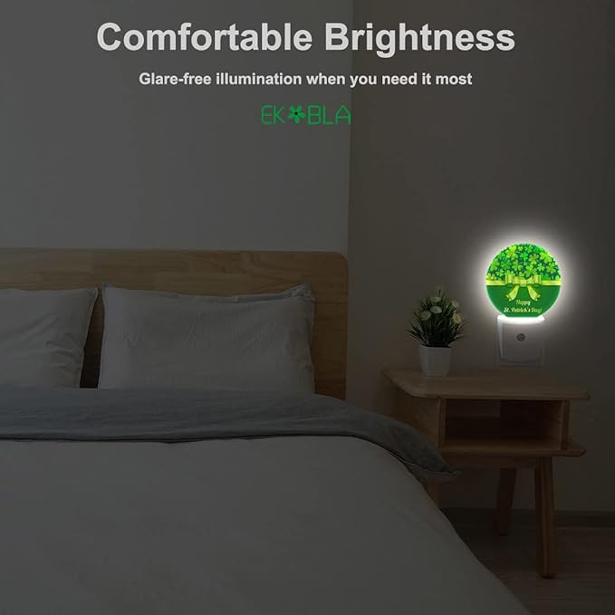 EKOBLA Shamrock Decorative Night Light Four Leaf Clover Plug-in Nightlights Auto Sensor Round LED Lamp for Men Women Boys Girls St Patrick's Day Gifts
