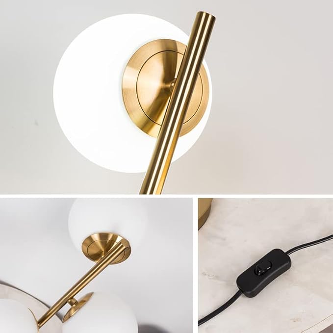 Gold Globe Table Lamp Mid Century Modern Desk Lamp 3-Light Side Table Lamp Bedside Lamp with 5.9" Milk White Glass Shade End Table Lamps for Bedroom Living Room Office Study Room