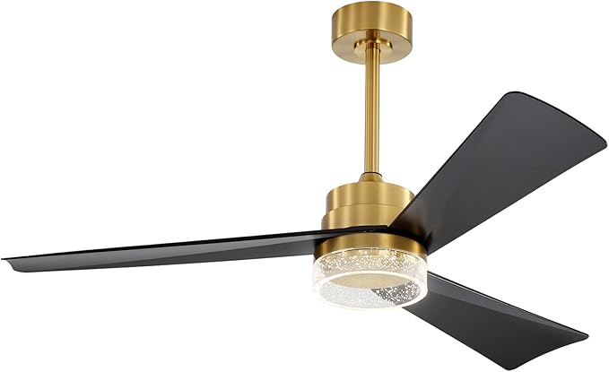 WINGBO 52" DC Ceiling Fan with Lights, 4000K LED Ceiling Fan with Clear Bubble Acrylic Shade, 3 ABS Plastic Blades, 6 Speed Reversible DC Motor, Brass and Black Ceiing Fan for Indoor and Outdoor