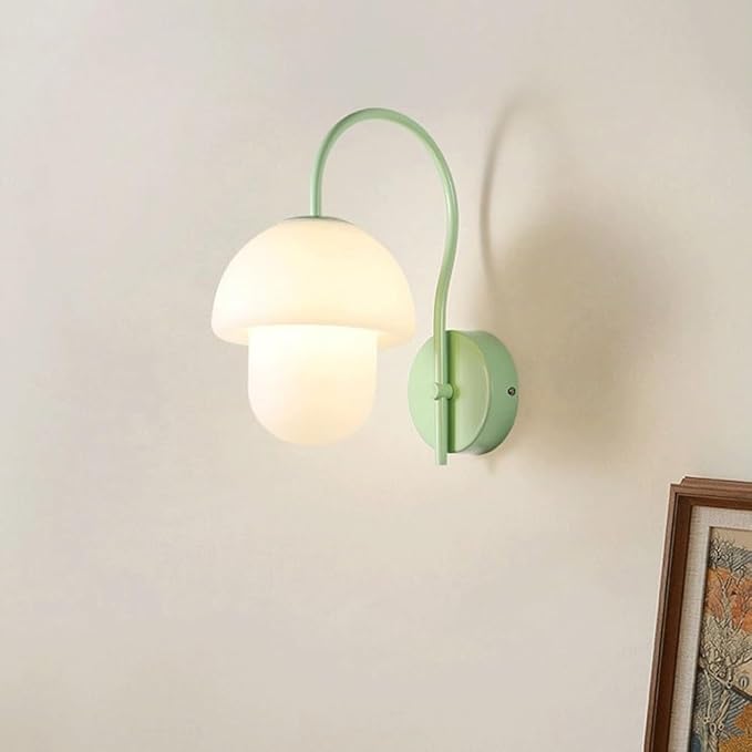 Modern Mushroom Wall Sconce with Frosted Glass Shade, Green Metal LED Wall Lamp for Bedroom Living Room Kids Room, Cozy Ambient Light, 13.4" H