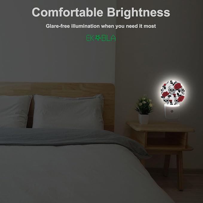 EKOBLA Halloween Decorative Night Light Red Rose and Skull Dead Head Vintage Night Lights Plug into Wall Dusk to Dawn Sensor for Men Women Boys Girls