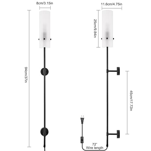 Modern Plug in Wall Sconce LED Wall Light Set of Two with On Off Switch, Cylindrical Frosted Glass Plug in Sconce for Living Room Wall Decro, Bedroom, Hallway