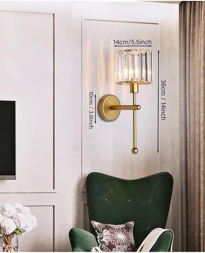 Modern Glass Crystal Wall Sconces Battery Operated Set of 2, Gold Rechargeable Wall Lights with Remote,Non Hardwired Clear Wall Lighting Fixture Brass for Bedroom Bathroom Living Room Porch