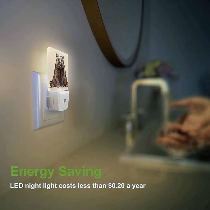 LED Night Light,Brown Bear Linear Sketch LED Night Light Plug into Wall with Dusk to Dawn Light Sensor White Energy Efficient Nightlight for Bedroom Bathroom Hallway Living Room Kitchen