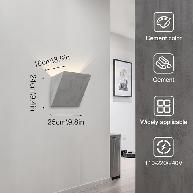 Cement Wall Sconce Fixture Industrial Concrete Wall Lamp with Geometric Design E14 Hardwired Modern Wall Light for Living Room Bedroom Hallway Home Decor(3 Color dimming,25 * 24cm)