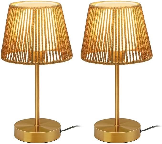 ONEWISH Touch Bedside Table Lamps Set of 2, 14.2" Boho Lamp 3 Way Dimmable, Rope lamp for Bedroom Nightstand Farmhouse, LED Bulb Included(Gold)