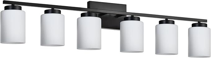 VINLUZ 6-Light Bathroom Vanity Light with Milky White Frosted Glass,Matte Black Modern Bathroom Wall Mounter Light Fixtures Over Mirror for Living Room