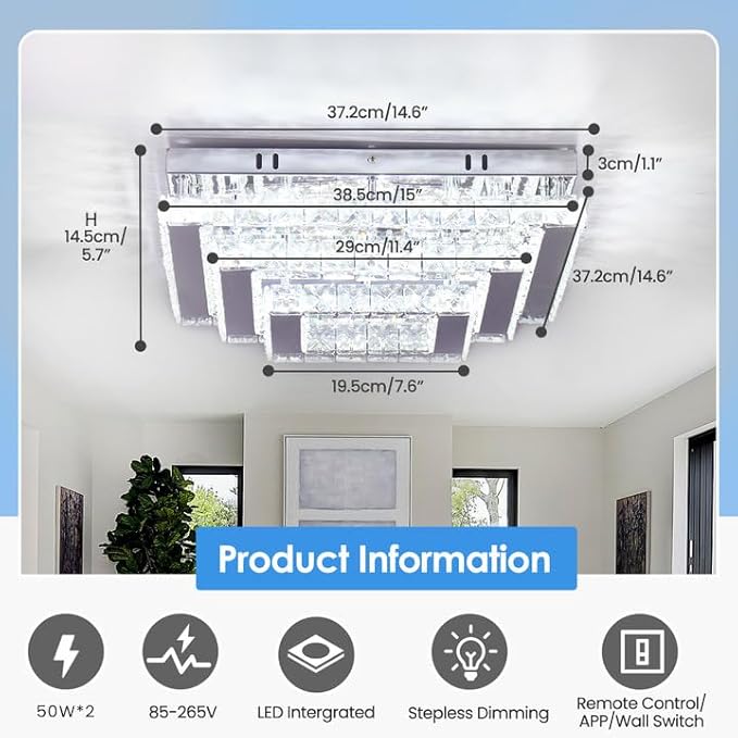 Finktonglan Modern Square Crystal LED Ceiling Light Fixture, 15” Dimmable Crystal Chandelier Ceiling Lights 3-Tiers Light Fixtures Ceiling Mount for Bedroom Living Room Dining Room