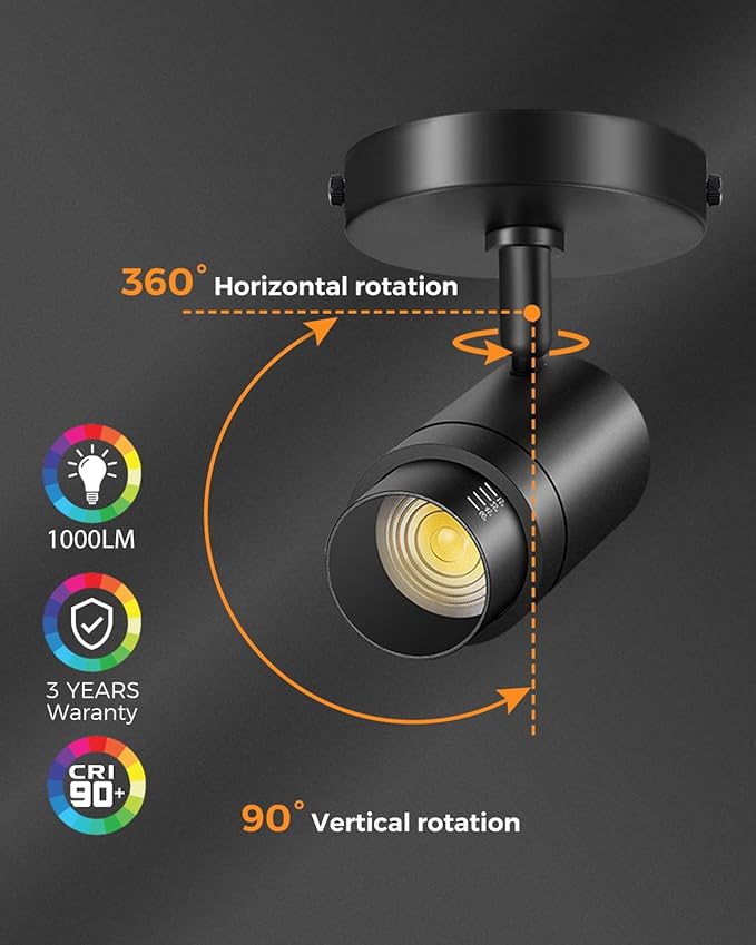 Zoomable LED Ceiling Spot Lights Indoor Adjustable Ceiling Spotlight Fixture Directional Ceiling Light Dimmable Flush Mount Can Accent Lighting for Kitchen Art Picture - 12W 1000lm Black 3000K