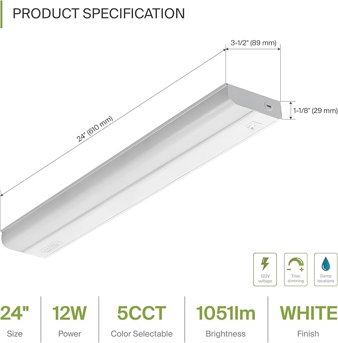 ASD 12 Pack 24 Inch Hardwired LED Under Cabinet Lights, On/Off & 5CCT Switch 2700K-5000K, 12W 1051LM CRI90+, Direct Wire Low Profile Linkable Fixture, Dimmable Under Counter Kitchen Lighting, White UL