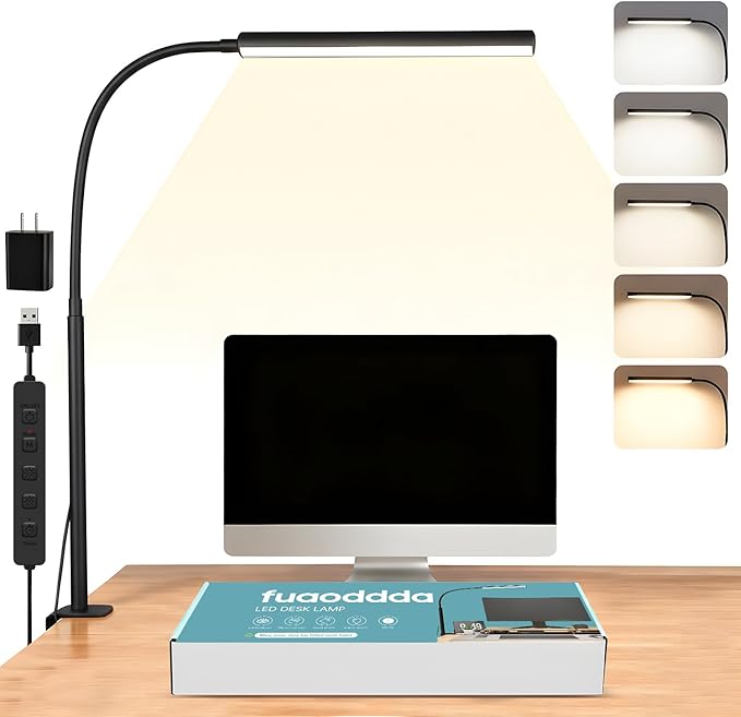 Small LED Desk Lamp with Clamp,Eye-Caring Clip on Lamp for Desk, 5 Modes 10 Brightness, Flexible Gooseneck USB Adapter Table Lamps for Home Office, Sewing（Black）