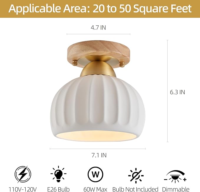 2 Pack White Ceramic Wood Brass Base Semi Flush Mount Ceiling Light Vintage Hallway Light Fixtures, Modern Small Flush Mount Ceiling Light Lamp for Hall Kitchen Entryway Passway Porch Foyer