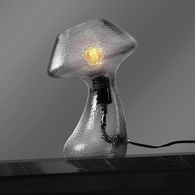 V06 Vintage Mushroom Table Lamp - Dimmable Nightstand Lamps with Clear Glass, Retro Black Bedside Lamp, Aesthetic Small Cute Nightlight for Bedroom, Living Room, Dining, Entryway, Bulb Included