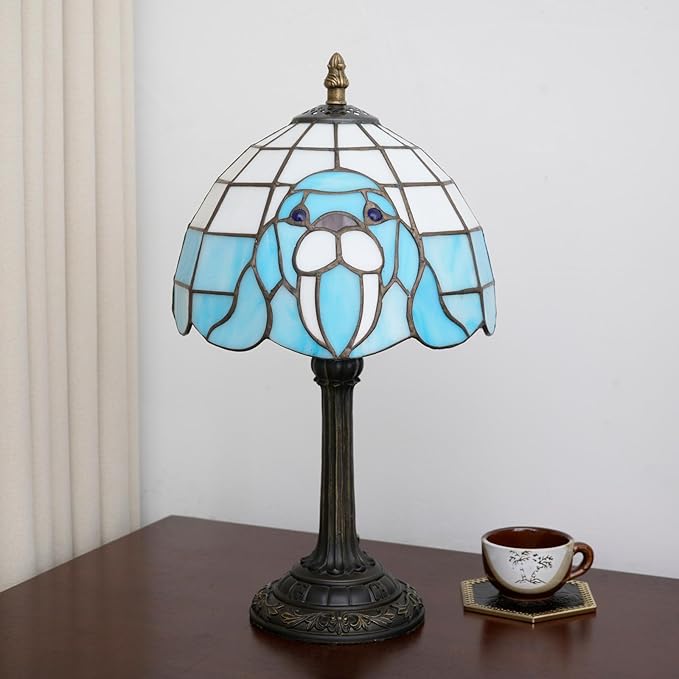Tiffany Table Lamp Walrus Blue Stained Glass Bedside Lamp Antique Unique Cute Accent Nightstand Light for Home Living Room Office Dormitory Bar Decorate