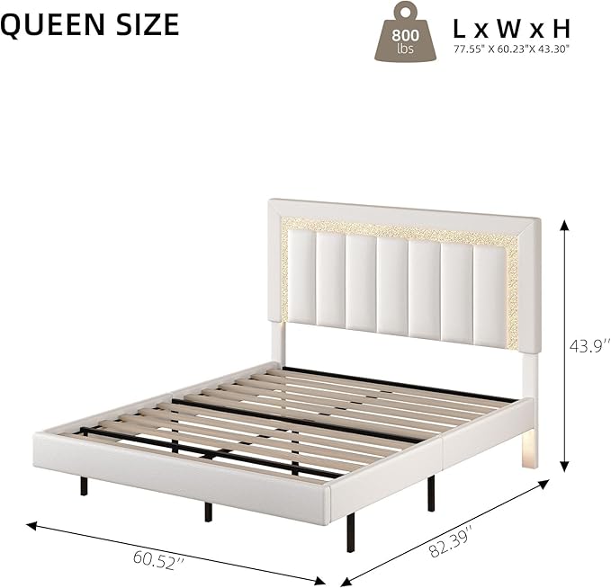 HOMBCK Floating Bed Frame Queen with Smart LED Lights, Faux Leather Upholstered Bed with Diamond PU Headboard, No Box Spring Needed, Noise-Free, Easy Assembly, White