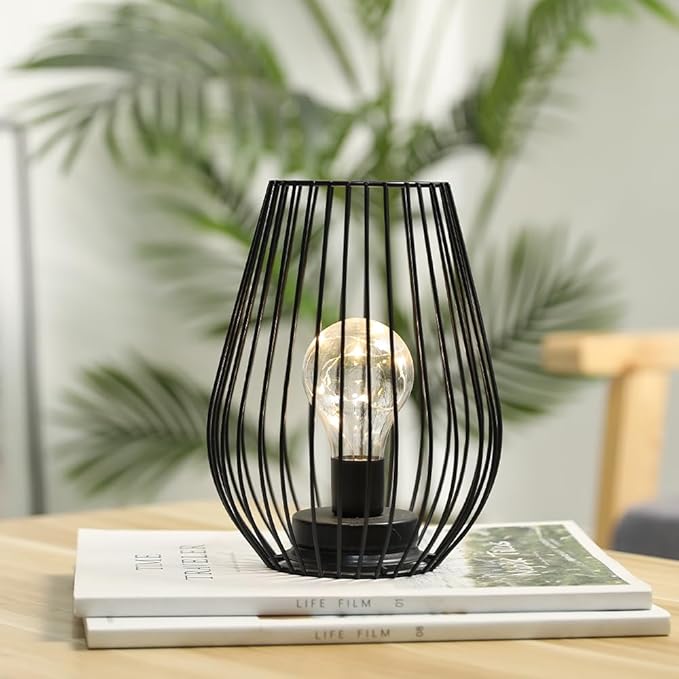 TRIROCKS Metal Cordless Table Lamp - 8'' Tall Cage Shape Battery Operated Lamp with Warm Fairy Lights Bulb for Indoor/Outdoor Use, Perfect for Christmas, Patio, Garden, and Weddings (Black)