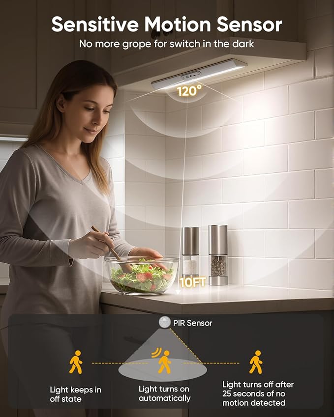Motion Sensor Closet Lights, Eye Protection Design with Remote, 3 Color Temps & Dimmable, Rechargeable Magnetic Cabinet Lighting for Kitchen, Wardrobe, Shelf, Pantry