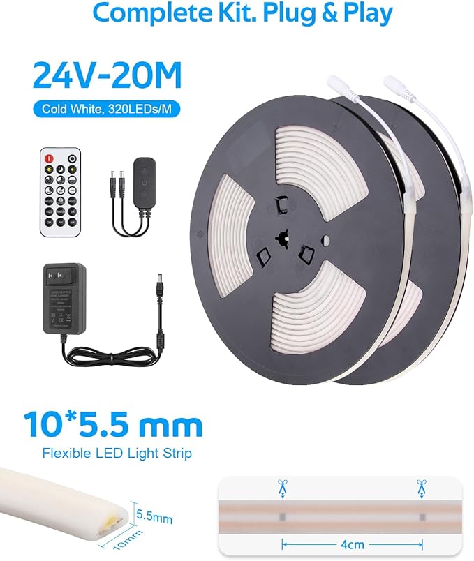 Aclorol 65.6FT COB LED Strip Lights 24V Dimmable Cold White LED Light Strips with APP & Remote Control IP68 Waterproof for Under Cabinet Bathroom Courtyard Balcony Lighting (2 Rolls of 32.8FT)