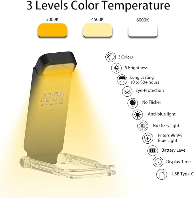 SFV Digital Book Lights for Reading at Night, USB Rechargeable Reading Lights for Books in Bed Clip-on, 3 Colors & 5 Brightness Dimmable, Compact & 80H Long Lasting for Book Lovers, Kids, Black