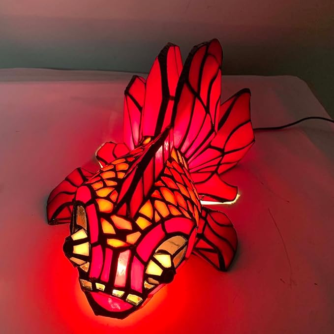 Bieye L10827 Red Telescope Fantail Goldfish Tiffany Style Stained Glass Table Lamp for Home Décor