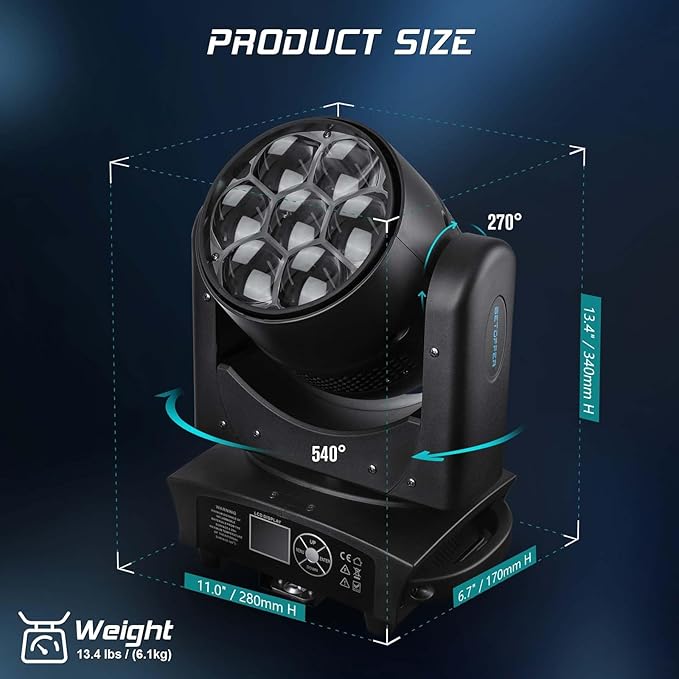 BETOPPER Moving Head Light 7x40W RGBW Beam/Wash/Zoom/CTO Effect Bee Eye LED Stage Lighting Spot Lights with Sound Activated for DJs, Bars, Christmas, and Home Party Lighting,2 Packs
