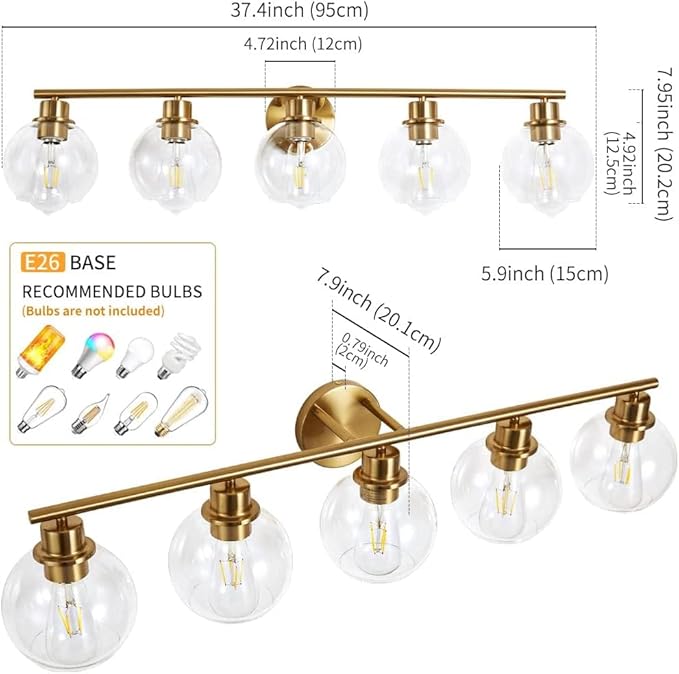 Bathroom Light Fixtures Over Mirror 5-Lights Bathroom Vanity Light with Clear Glass Shade 37.5 inch Modern Wall Sconce Gold Vanity Lighting for Bath