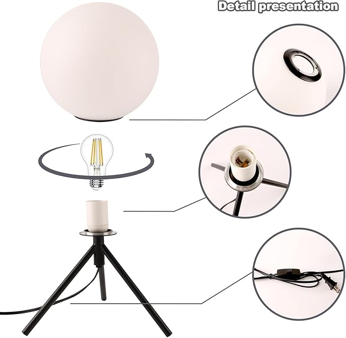 Black Globe Table Lamp Set of 2, Modern Minimalist Table Lamp with Milky White Shade, 8" Glass Ball Bedside Lamp Orb Nightstand Lamp Small Desk Lamps for Bedroom Living Room Home Office Study