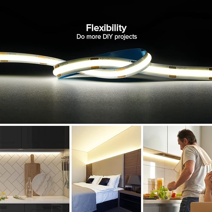 16.4FT DC12V COB LED Strip 4000K Natrual White 480LEDs Flexible High Density Uniform Bright Light Strip 9W/m, Dimmable LED Light for DIY Kitchen Bedroom Home Decor, No Power and Controller