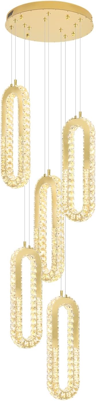 5-Lights Modern Crystal Chandelier for High Ceiling LED Dimmable Ring Pendant Chandeliers Stairwell Chandelier Lighting Gold