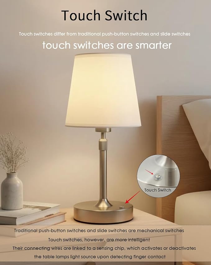 Cordless Table Lamp Rechargeable Touch Silver Mini Small Lamp Adjustable Height 5200mAh Battery Operated with Stepless Dimming Function for Bedroom Nightstand Bathroom Kitchen Counter Home Decoration
