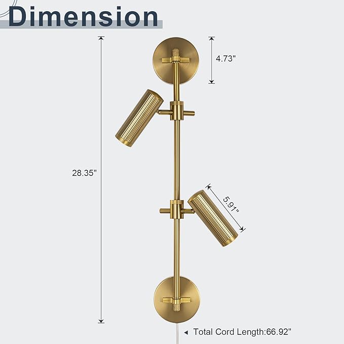 Gold Plug in Wall Sconces, 3 Lights Wall Mount Lamp with Rotatable Shade 3000K Warm White Wall Light for Bedroom Living Room Picture Light (Bulb Included)