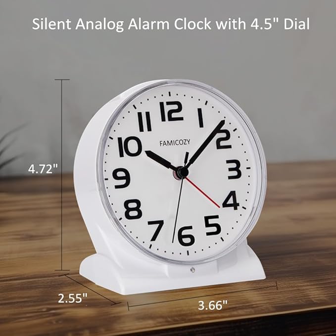 FAMICOZY Automatically Backlighted Alarm Clock,Silent No Ticking for Seniors Vision Impaired,Easy to Set,Big Numbers,Ascending Alarm,Gentle Wake,Snooze,2 AA Battery Operated,White