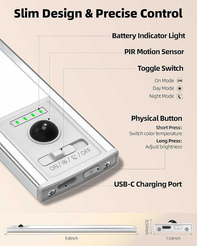 EZVALO Under Cabinet Lights, 2500mAh Rechargeable LED Motion Sensor Lights Indoor, 3 Color Temps & Dimmable Closet Lights with Battery Indicator, Under Counter Lights for Kitchen