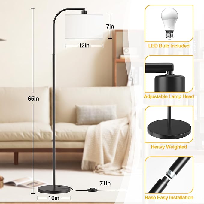Arc Floor Lamps for Living Room with 3 Color Temperatures, Modern Floor Lamp Reading Light with 9W Bulb Included, Standing Lamp with Adjustable White Hanging ‎Lampshade for Bedroom Office(Black)