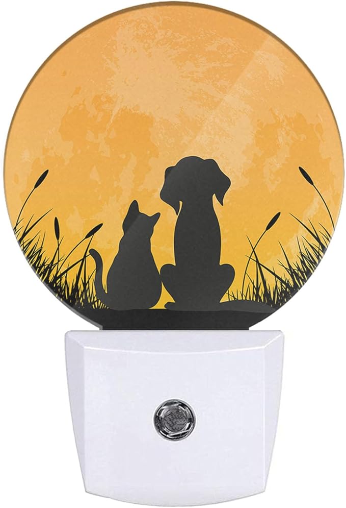 Plug-in Cat and Dog Against Full Moon Night Light with Dusk to Dawn Sensor, 0.5W LED Home Decor, Auto On/Off Decorative Nightlight for Men, Women, Boys & Girls