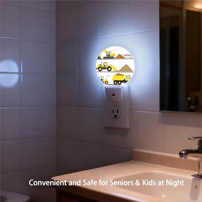 Plug-in Yellow Construction Vehicles Night Light Excavator Wheel Loader Truck Nightlight with Dusk to Dawn Sensor, Auto On/Off 0.5W Energy-Saving LED Lighting Sleep Friendly