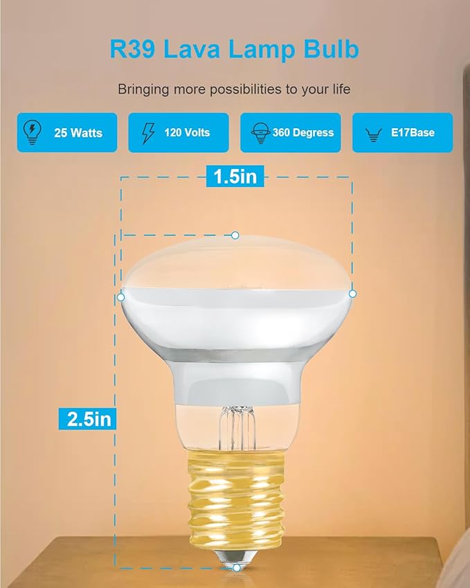 6-Pack Replacement Bulbs for Lava and Glitter Lamps - 25W R39 E17 Reflector Bulbs, Dimmable, Soft Warm White Glow, Long Life, High Temp Resistance