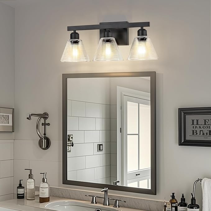 3-Light Bathroom Vanity Light, Black Modern Bathroom Lighting Fixtures with Clear Glass Shade, Farmhouse Wall Sconces for Mirror Kitchen Bedroom Living Room
