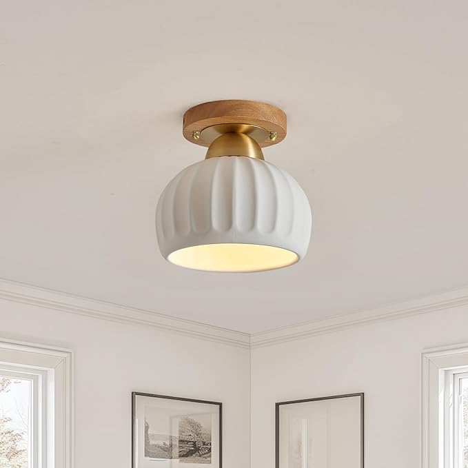 White Ceramic Wood Brass Base Semi Flush Mount Ceiling Light Vintage Hallway Light Fixtures, Modern Small Flush Mount Ceiling Light Lamp for Hall Kitchen Entryway Passway Porch Foyer
