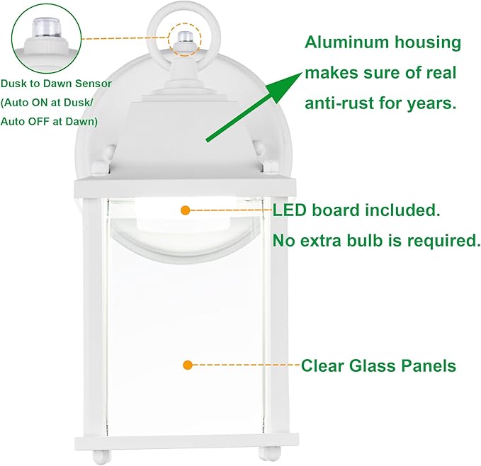 LIT-PaTH Small Outdoor LED Wall Lantern with Dusk to Dawn Photocell, 3000K Warm White, 9.5W, 800 Lumen, Aluminum Housing Plus Glass, Outdoor Rated, 1-Pack, White