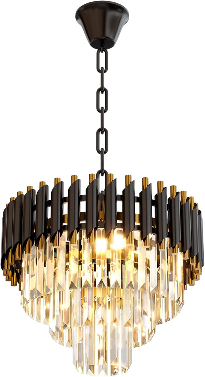 Black Crystal Chandelier, 16 Inch Modern 3-Tier Round Ceiling Light, K9 Luxury Pendant Lighting for Living Room Dining Room Entryway