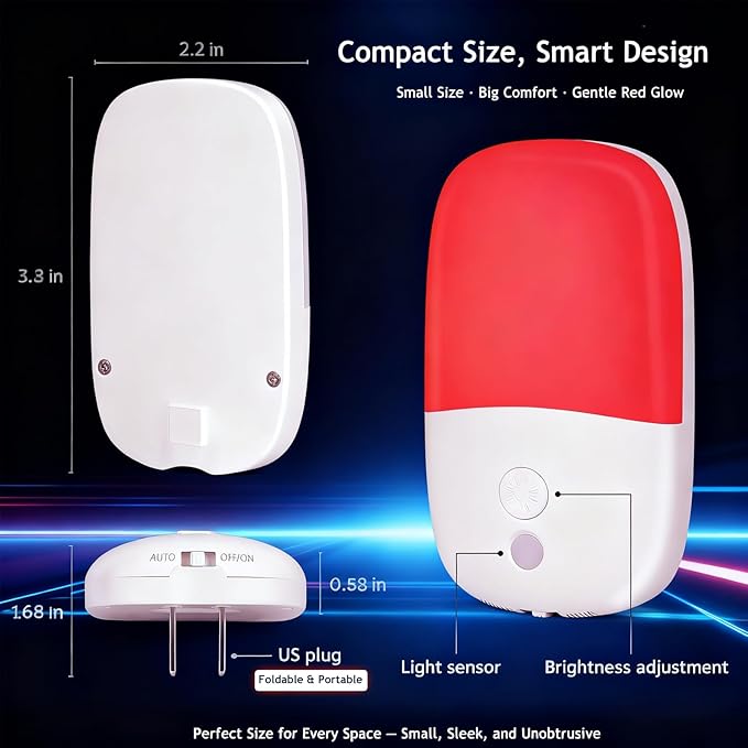 670nm Red Light Night Light for Sleep Therapy, 3 Pack Auto On/Off Dimmable Night Light with Dusk to Dawn Sensor, LED Night Lights Plug into Wall Promote Melatonin Natural Sleep for Baby Kid Adult Room