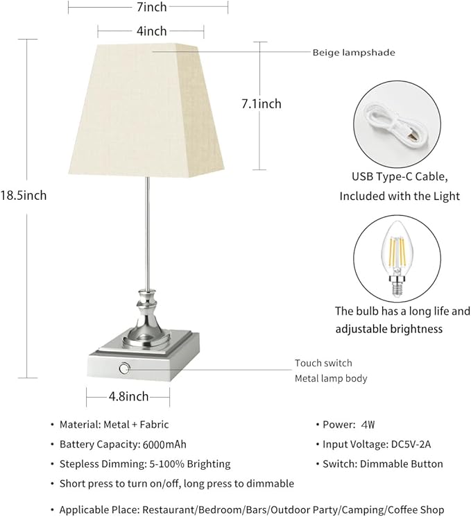 Rechargeable LED Table Lamps with Stepless Touch Control,Light Sliver Cordless Lamp for Living Room&Bedside&Patio&Shower,Small Desk Lamp(6000mAH Battery),1 Pack for Home Decor,Best Gifts for Family