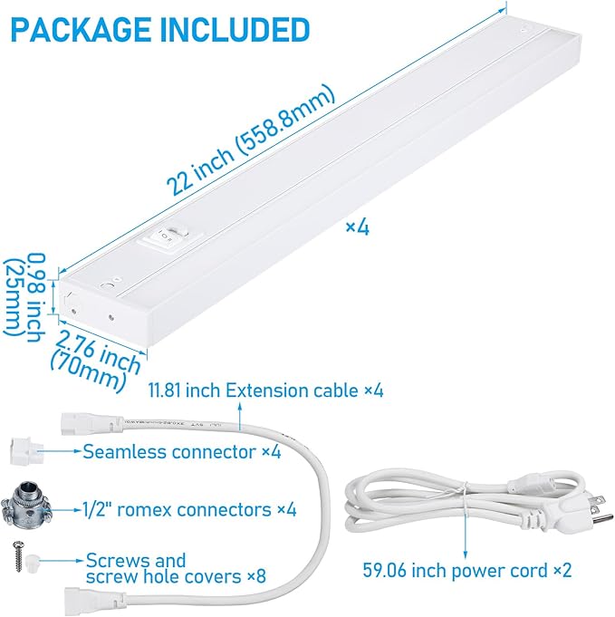 TORCHSTAR LED Under Cabinet Lighting 5CCT, 22 Inch 14W 1050LM, Hardwired & Plug-in, 5 Color Selectable CRI90 120V ETL T24, Dimmable Under Counter Lights for Kitchen, White Aluminum Housing, 4 Pack
