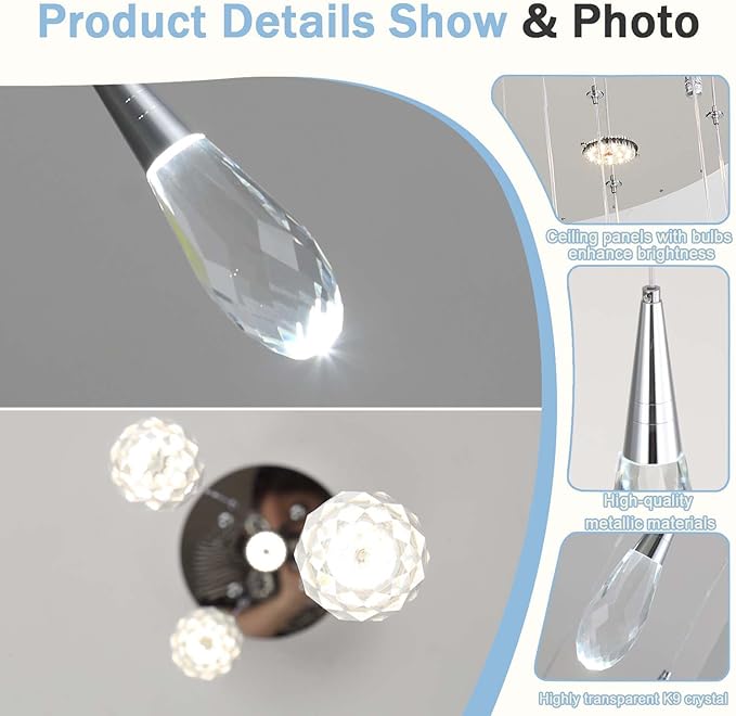 20 Lights Large Chandelie for High Ceiling Siver Pendant Light Fixture with Dimmable Big Crystal Chandelier for Staircase Foyer Villa